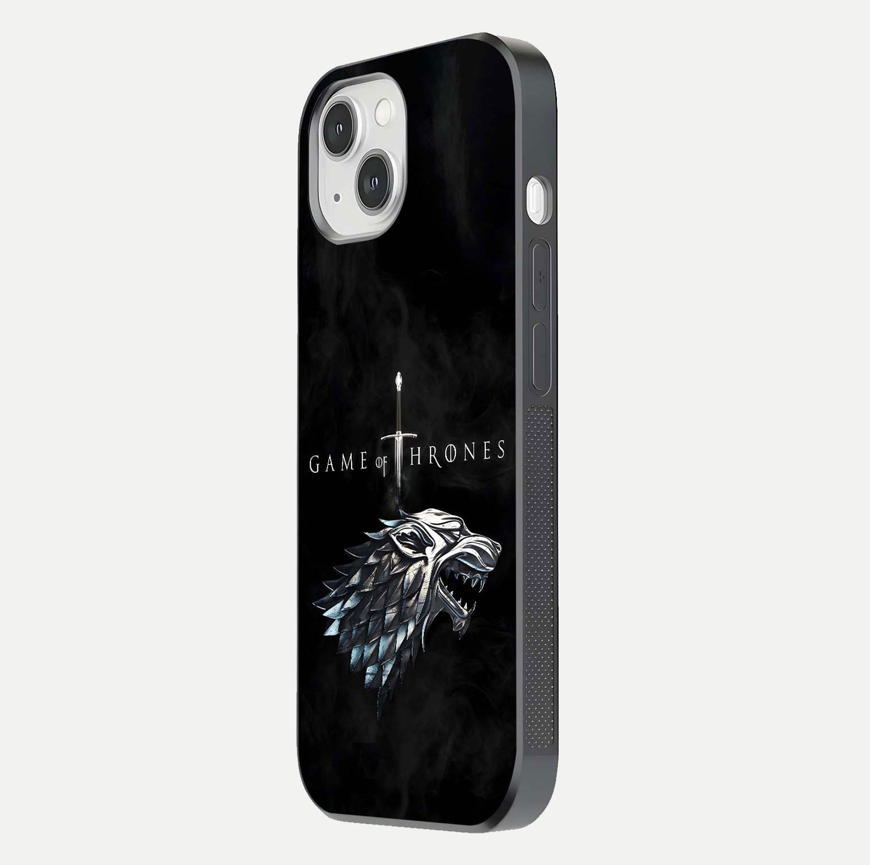 Throne Wolf Legacy Glass Case for iPhone 14 side-angle image showing gloss, texture, and HD print