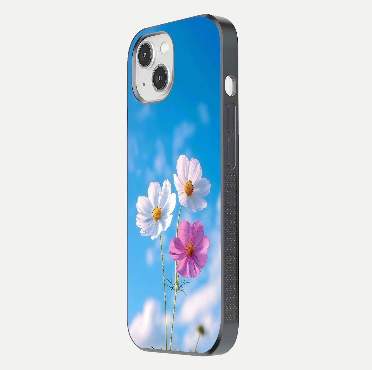Triple Flowers With Sky Glass Case for iPhone 14 side-angle image showing gloss, texture, and floral design