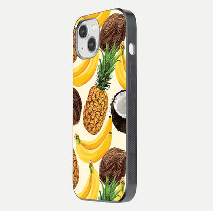 Tropical Fruit Mood Glass Case for iPhone 16 Pro side-angle image showing reflection, gloss, and fruit details