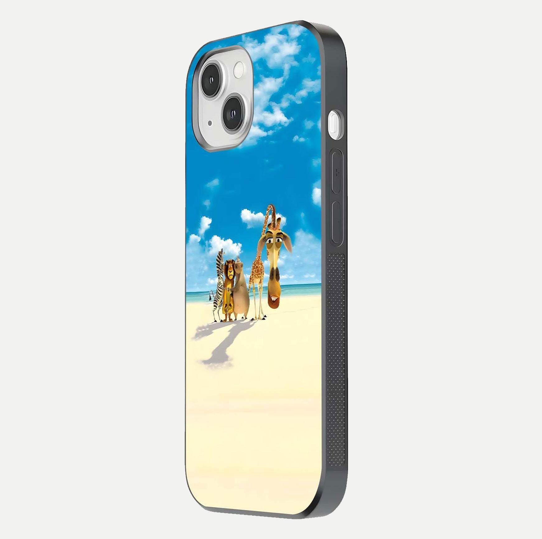 Tropical Fun Squad Glass Case for iPhone 14 side-angle image showing shine, color depth, and surface gloss