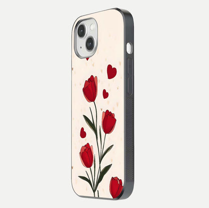 Tulip With Heart Glass Case for iPhone 14 side-angle image showing floral reflection and subtle gradient