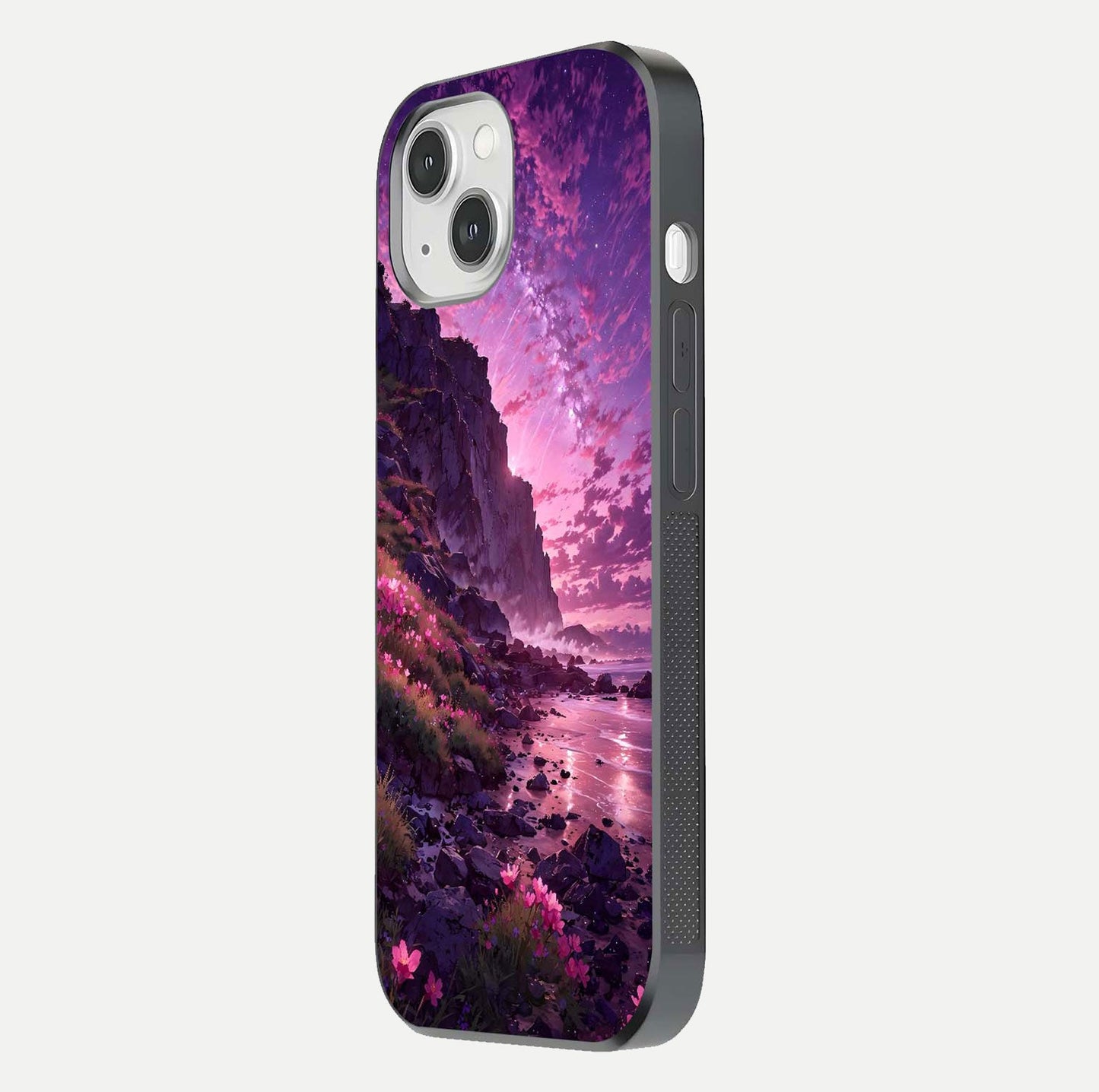 Twilight Blossom Coast Glass Case for iPhone 14 side-angle image showing shine, reflection, and petal tone