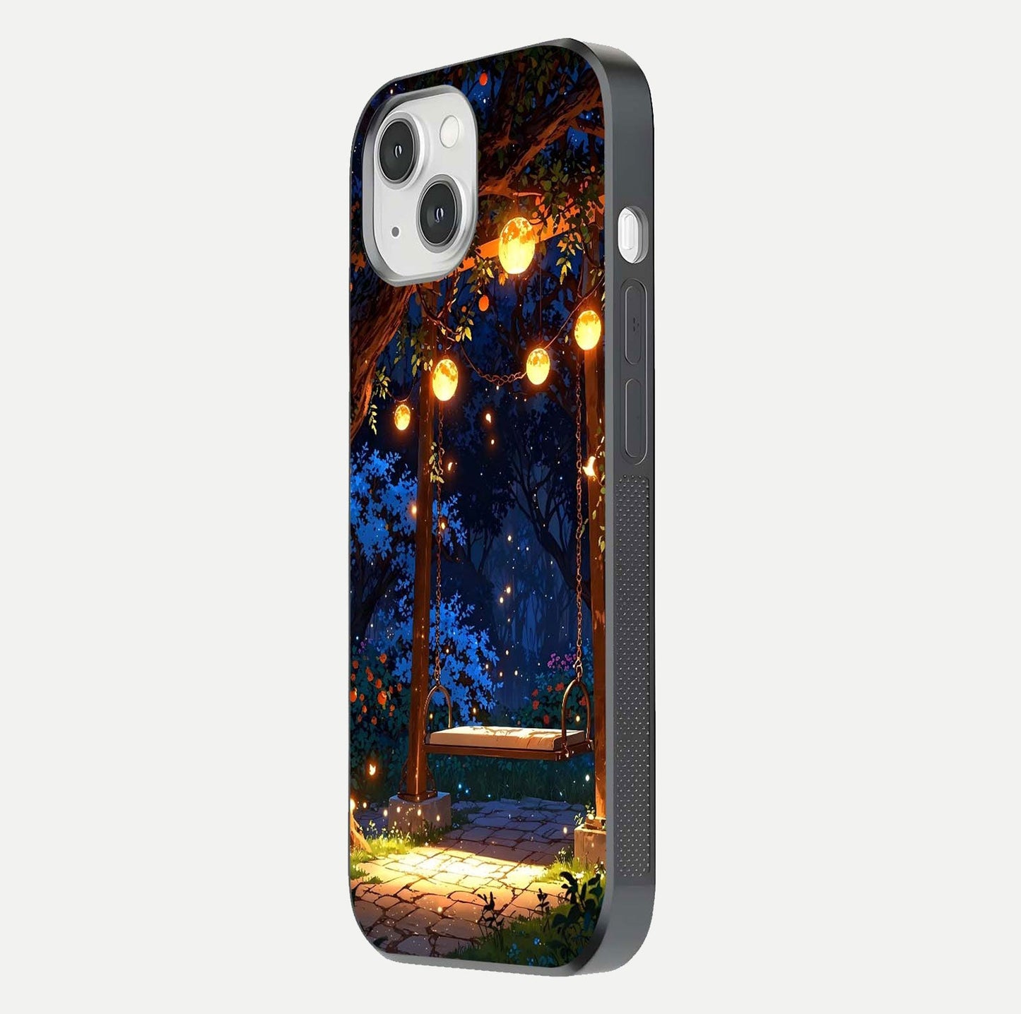 Twilight Garden Swing Glass Case for iPhone 14 side-angle image showing reflection, gloss, and scenic depth