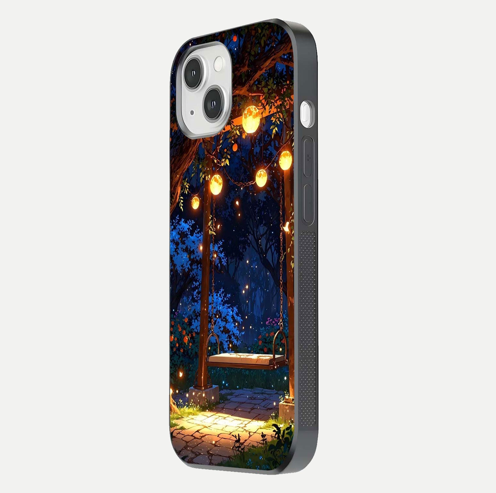 Twilight Garden Swing Glass Case for iPhone 14 side-angle image showing reflection, gloss, and scenic depth