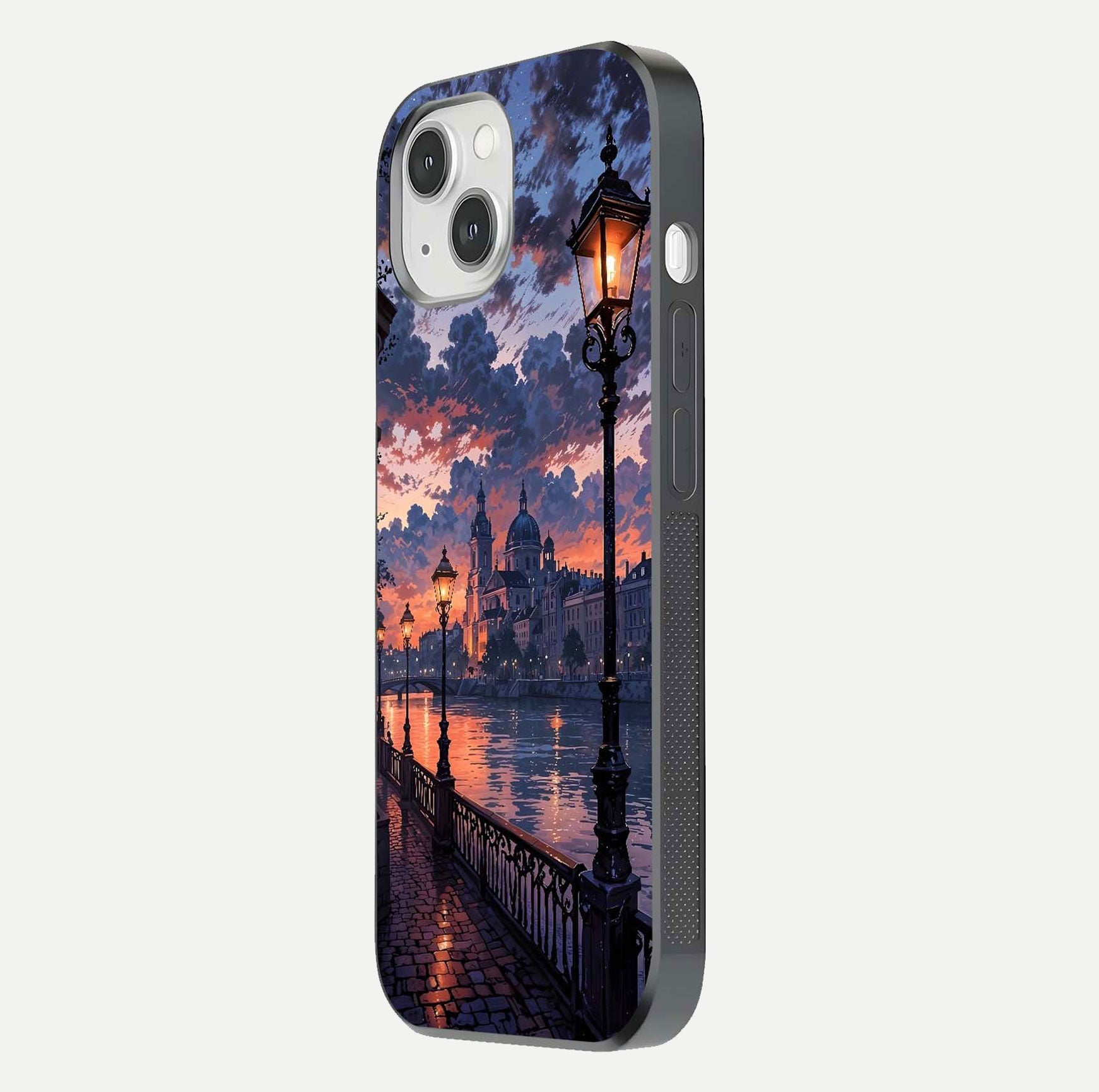 Twilight River Lights Glass Case for iPhone 16 Pro side-angle image showing reflections, lighting, and gradient tones