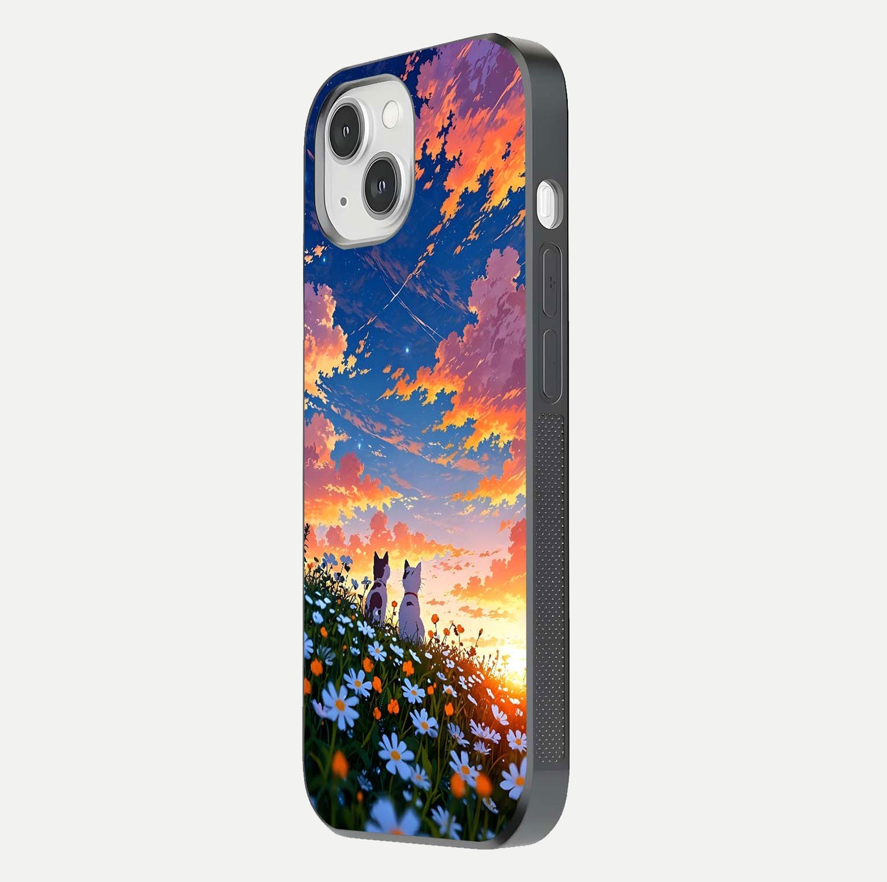 Two Cats Friends Glass Case for iPhone 16 Pro side-angle image showing reflection, gloss, and color depth