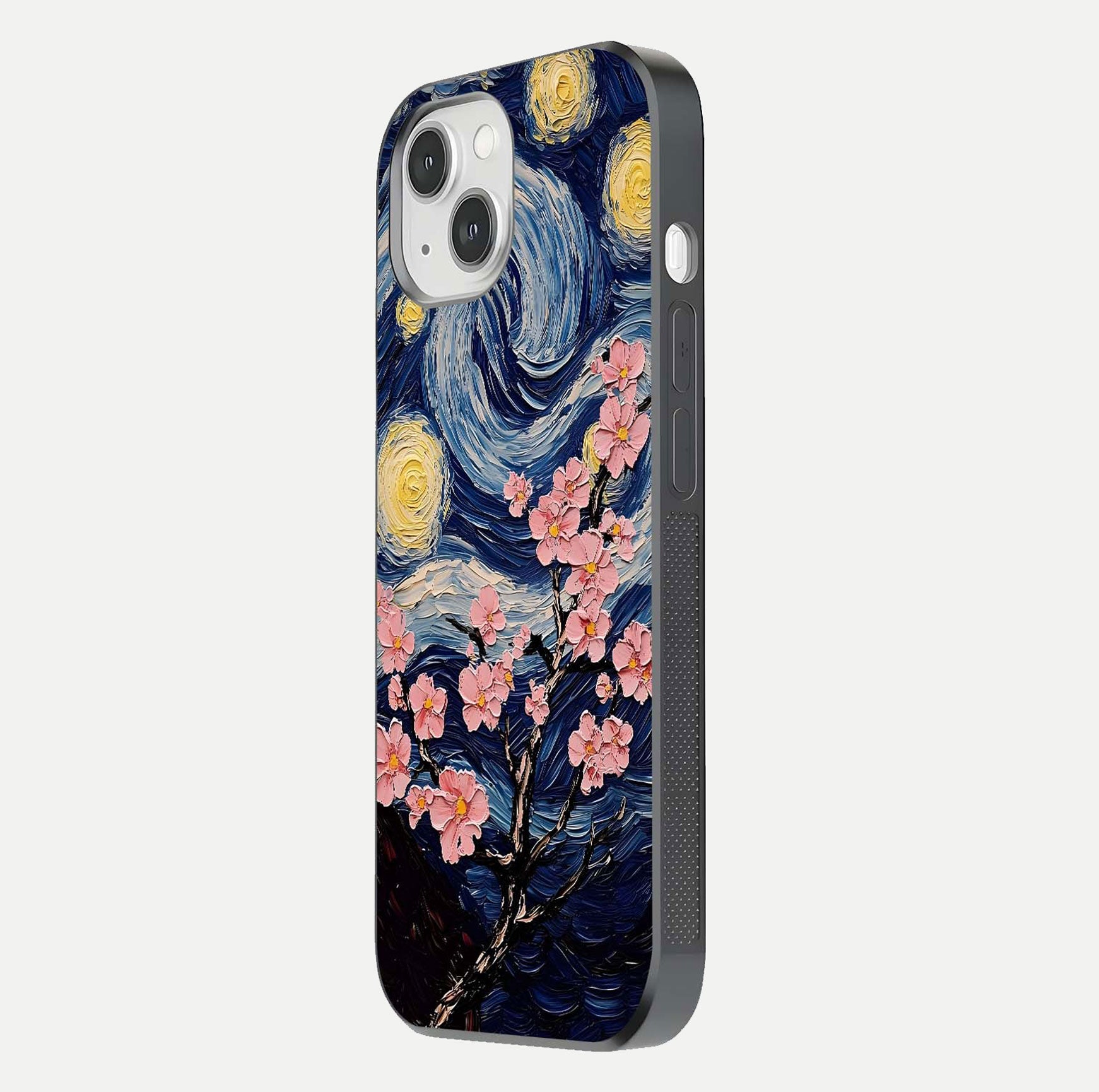 Van Gogh Scenery Glass Case for iPhone 14 side-angle image showing shine, gloss, and scenic color palette