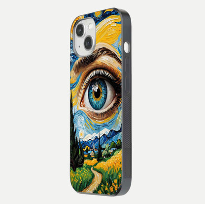 Van Gogh Eye Glass Case for iPhone 16 Pro side-angle image showing reflection, gloss, and artistic contrast