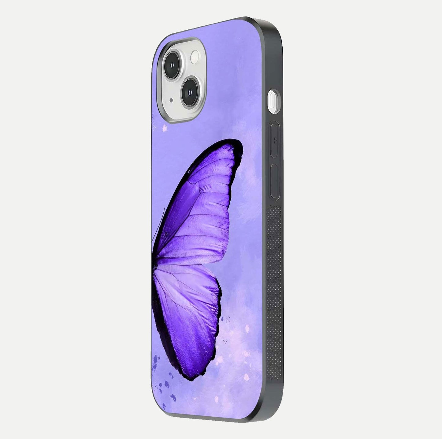Violet Dream Wing Glass Case for iPhone 14 side-angle image showing gloss, shine, and violet gradient