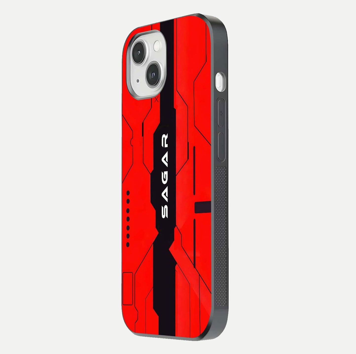 Voltage Rise CYBERPUNK Custom Name Glass Case for iPhone 14 side-angle image showing gloss and cyberpunk detail