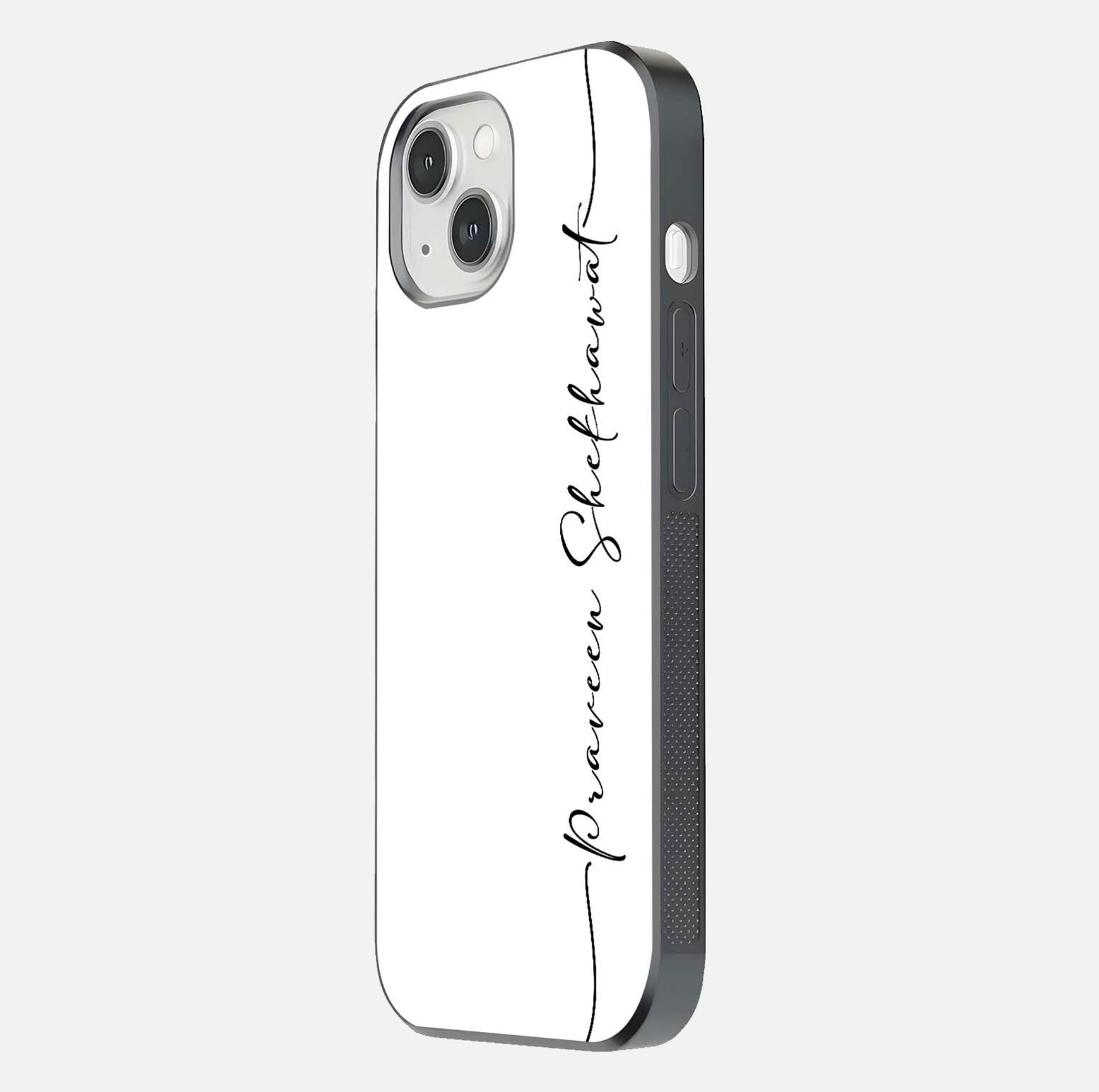 White Tune Custom Name Glass Case for iPhone 16 Pro side-angle image showing shine, gloss, and minimal tone