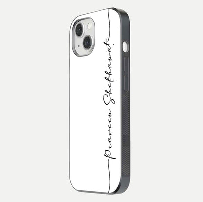 White Tune Custom Name Glass Case for iPhone 16 Pro side-angle image showing shine, gloss, and minimal tone