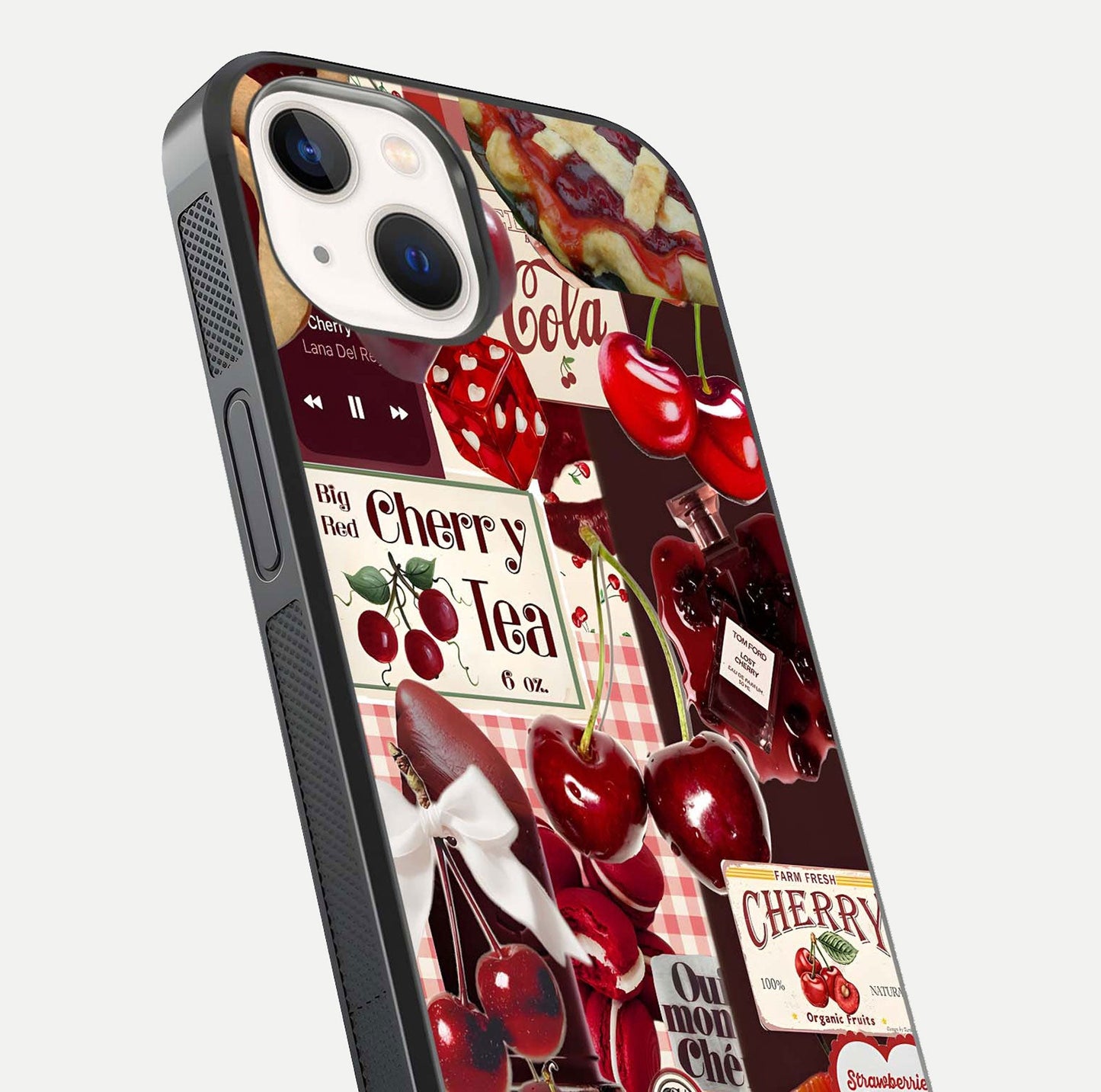 Aesthetic Cherry Tea Glass Case for iPhone 16 Pro close-up angled shot showing detailed cherry artwork, red tones, and gloss reflection
