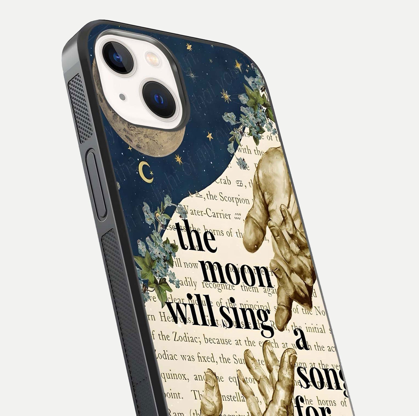 Aesthetic Divine Glass Case for iPhone 16 Pro close-up angled shot showing detailed divine artwork and gloss reflection