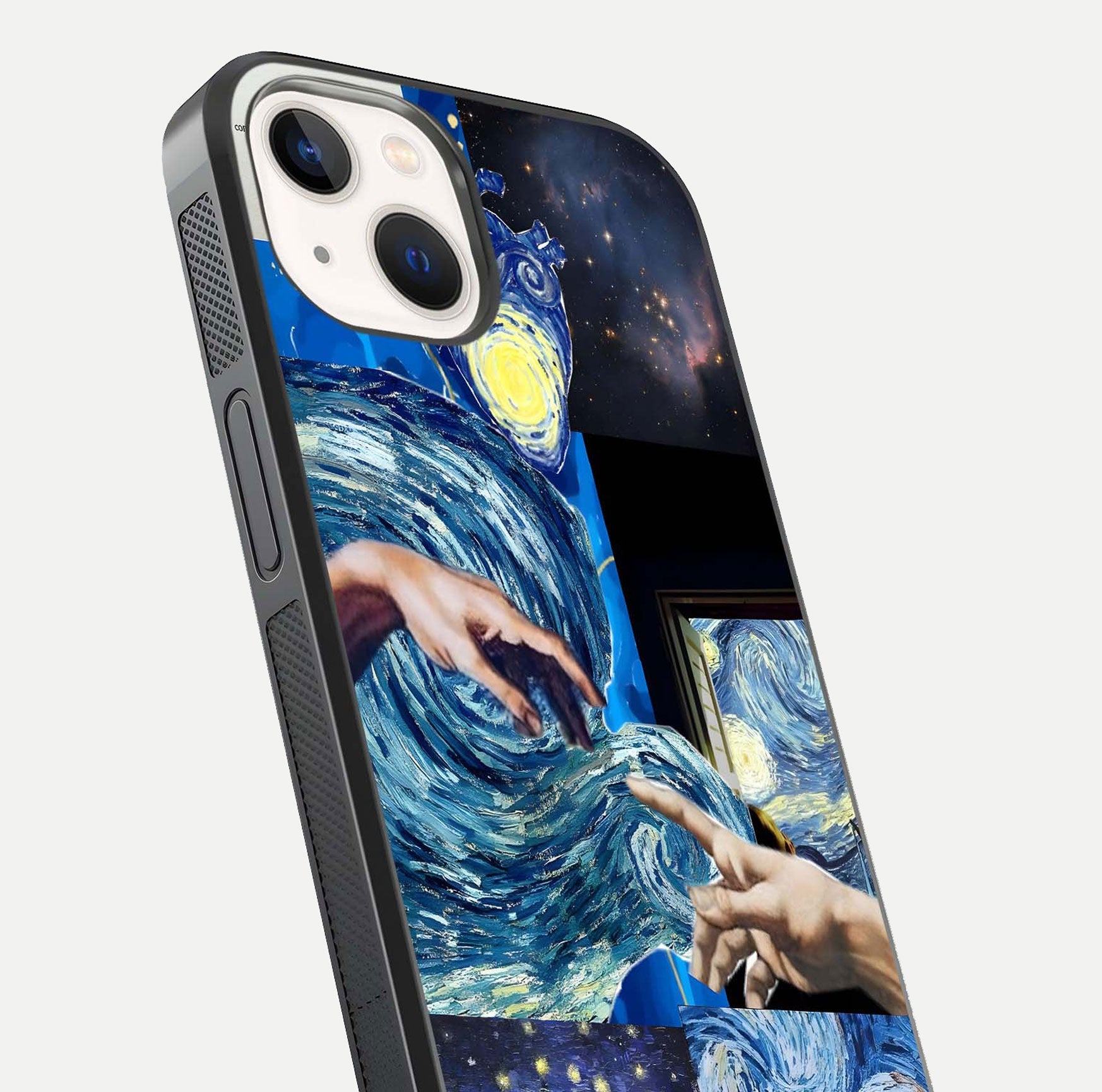 Aesthetic Vando Hands Glass Case for iPhone 16 Pro close-up angle showing fine detailing of hand artwork and glass reflection