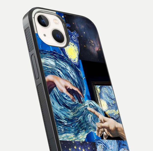Aesthetic Vando Hands Glass Case for iPhone 14 close-up angle showing fine detailing of hand artwork and glass reflection
