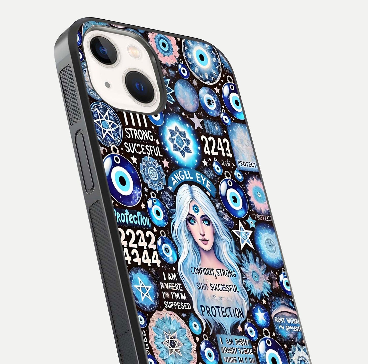 Angel Aura Shield Glass Case for iPhone 16 Pro close-up view capturing aura glow, metallic tones, and shine texture