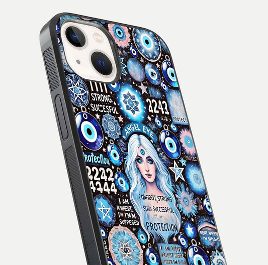 Angel Aura Shield Glass Case for iPhone 14 close-up view capturing aura glow, metallic tones, and shine texture