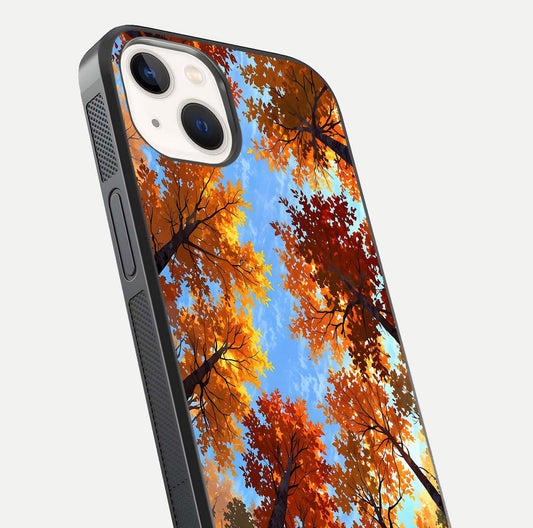Autumn Sky Rise Glass Case for iPhone 14 close-up shot of autumn tone details and HD shine reflection