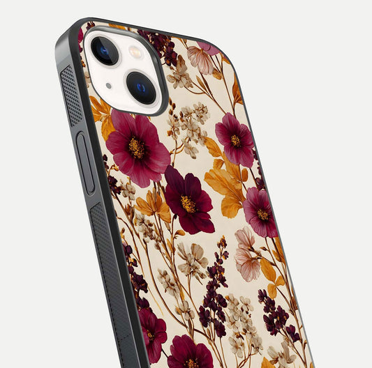 Autumn Wine Bloom Glass Case for iPhone 14 close-up highlighting petal detail and gloss reflection