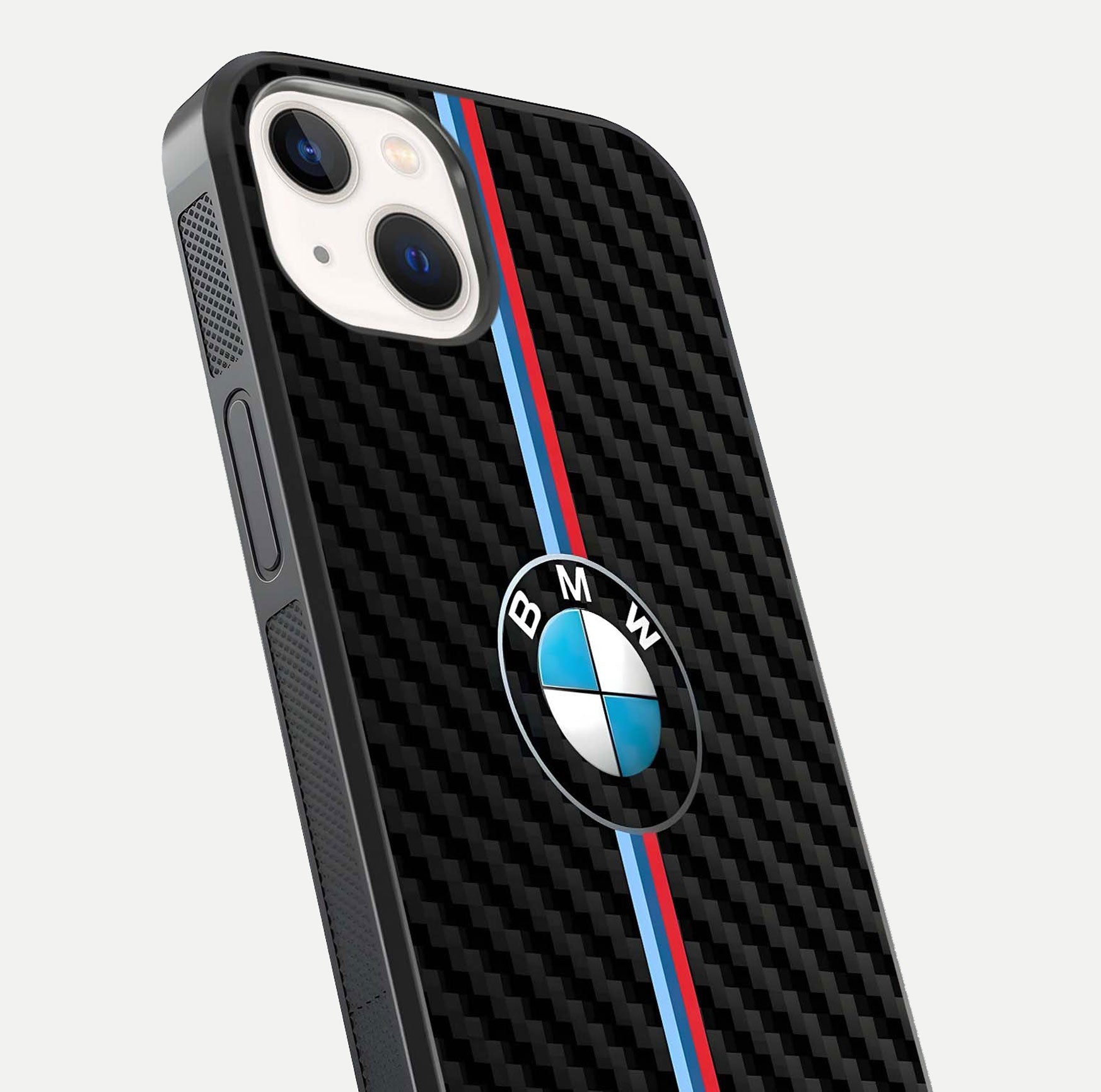BMW Pattern Glass Case for iPhone 14 close-up angle showing BMW logo detailing and high-reflect gloss texture