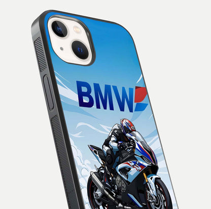 BMW Power Drift Glass Case for iPhone 14 close-up view highlighting motion streaks and gloss shine