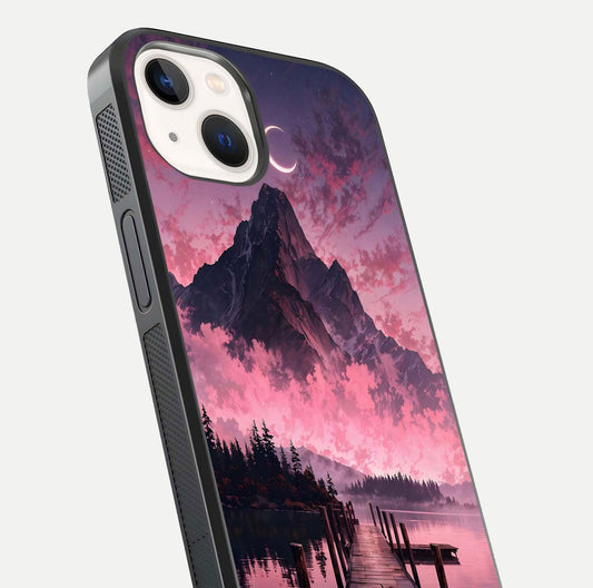 Beautyful Mountain View Glass Case for iPhone 14 close-up angle highlighting landscape details and shine
