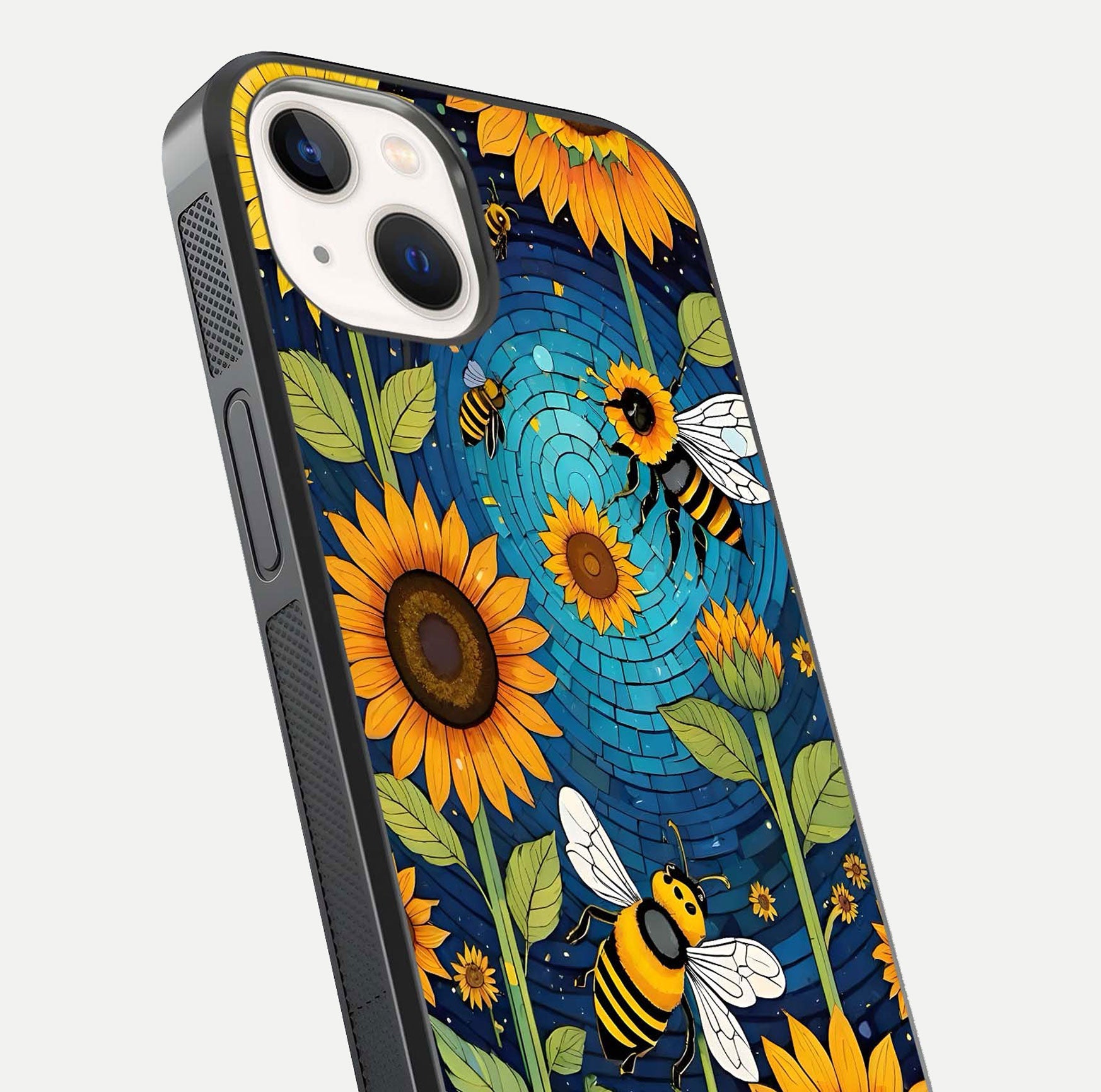 Bees & Sunflowers Glass Case for iPhone 16 Pro close-up angled shot showing detailed petals, bee prints, and glass reflection