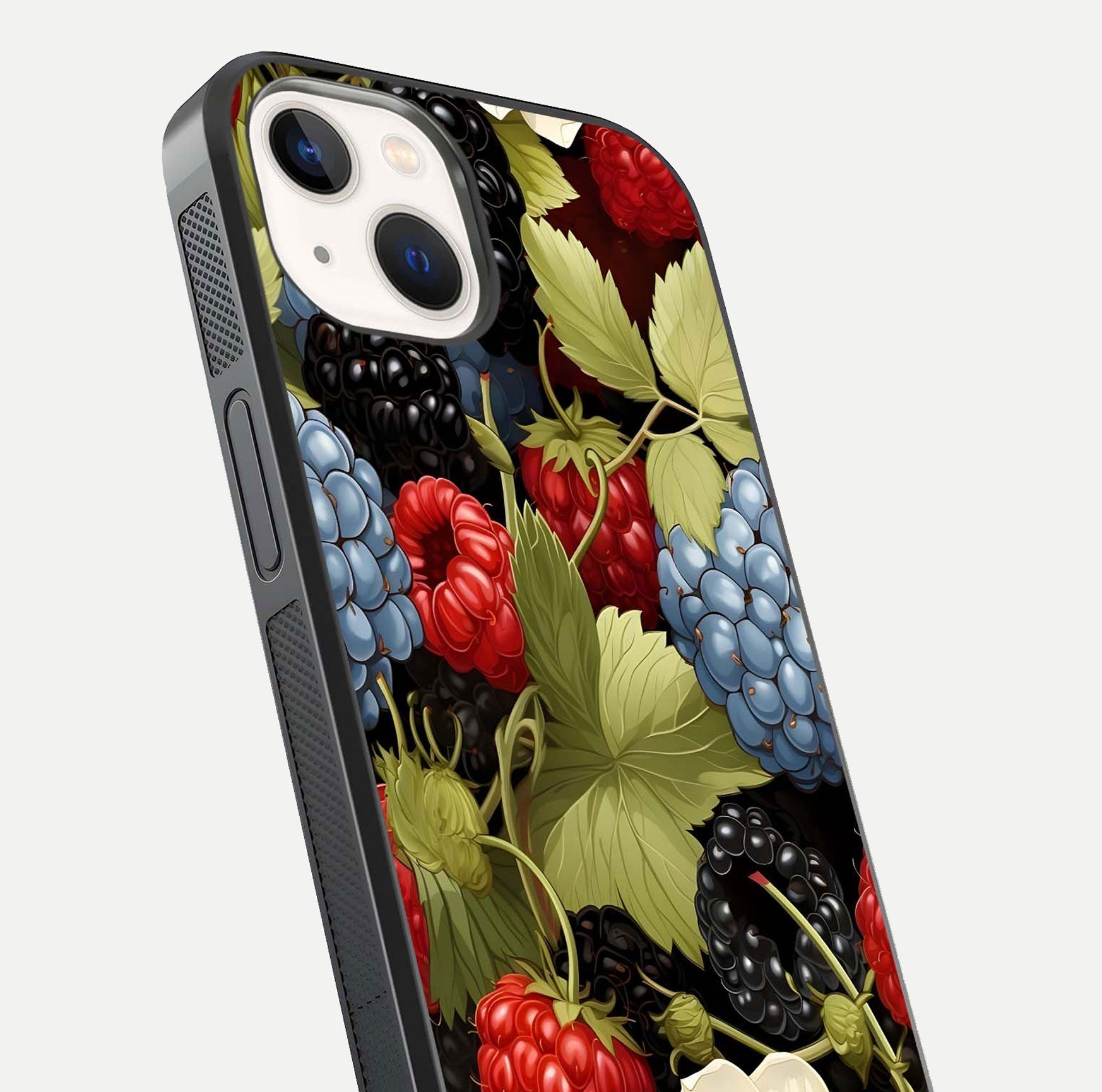 Berry Bloom Charm Glass Case for iPhone 14 close-up view highlighting berry color tones and fine petal detailing