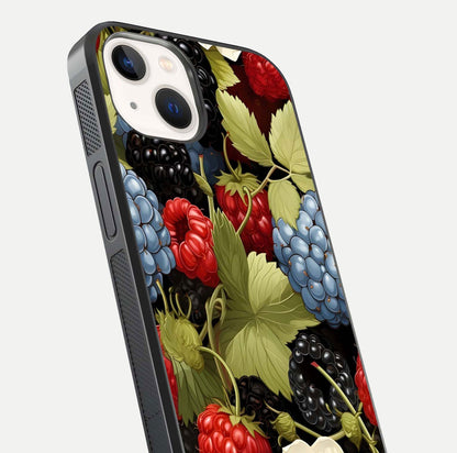 Berry Bloom Charm Glass Case for iPhone 14 close-up view highlighting berry color tones and fine petal detailing