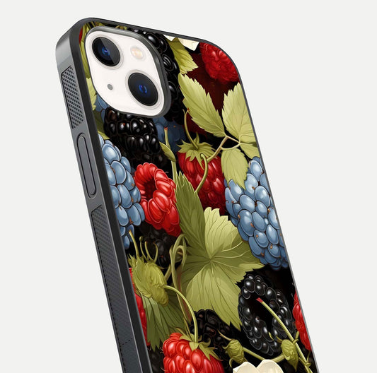 Berry Bloom Charm Glass Case for iPhone 14 close-up view highlighting berry color tones and fine petal detailing