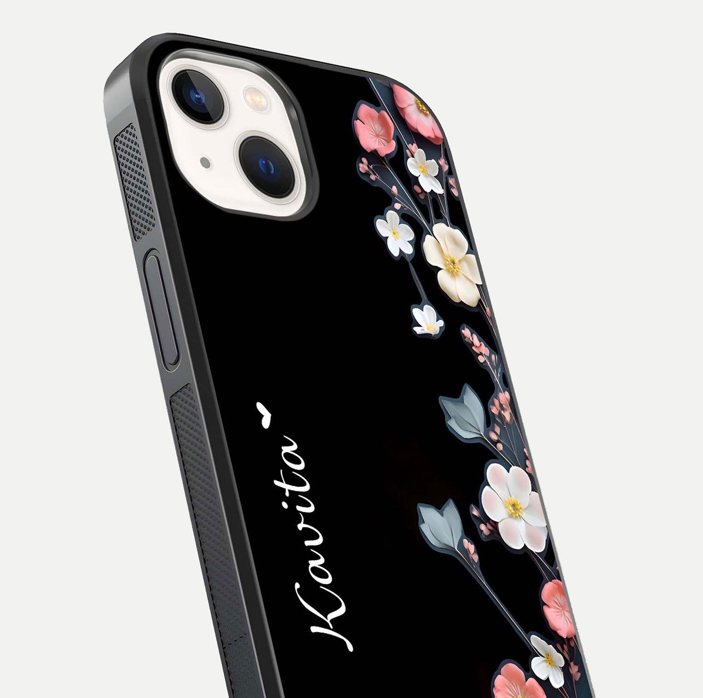 Black Elegance Floral Custom Name Glass Case for iPhone 16 Pro close-up shot showing rose detailing and elegant reflection