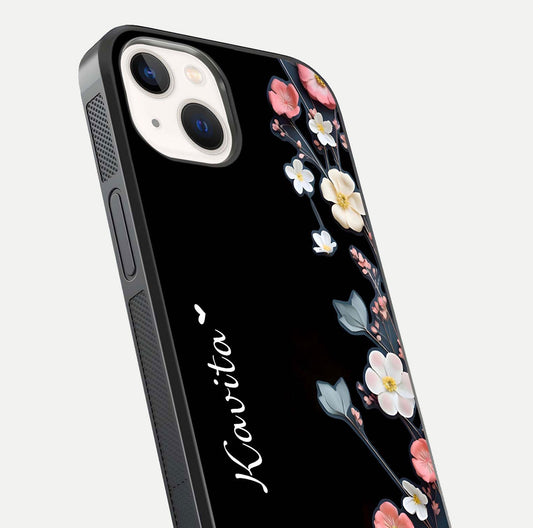 Black Elegance Floral Custom Name Glass Case for iPhone 14 close-up shot showing rose detailing and elegant reflection