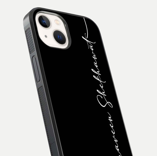 Black Tune Custom Name Glass Case for iPhone 14 close-up shot highlighting sleek monochrome design and reflection