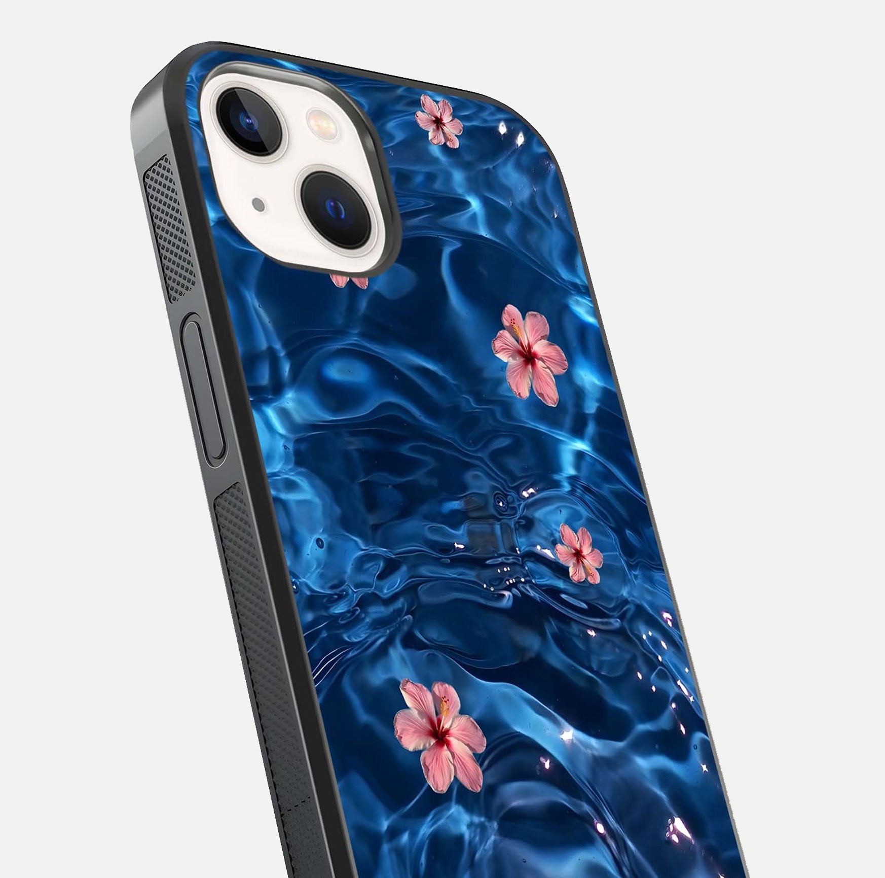 Blooming Water Drift Glass Case for iPhone 14 close-up angle showing petal details, soft aqua tones, and smooth gloss reflection