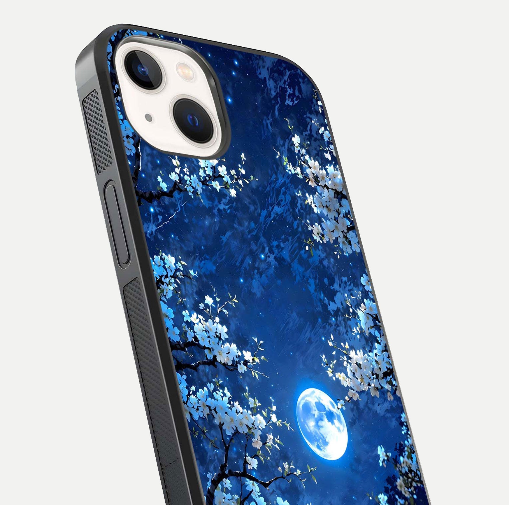 Blossom Moonlight Sky Glass Case for iPhone 14 close-up angle capturing moon glow and flower detail reflections