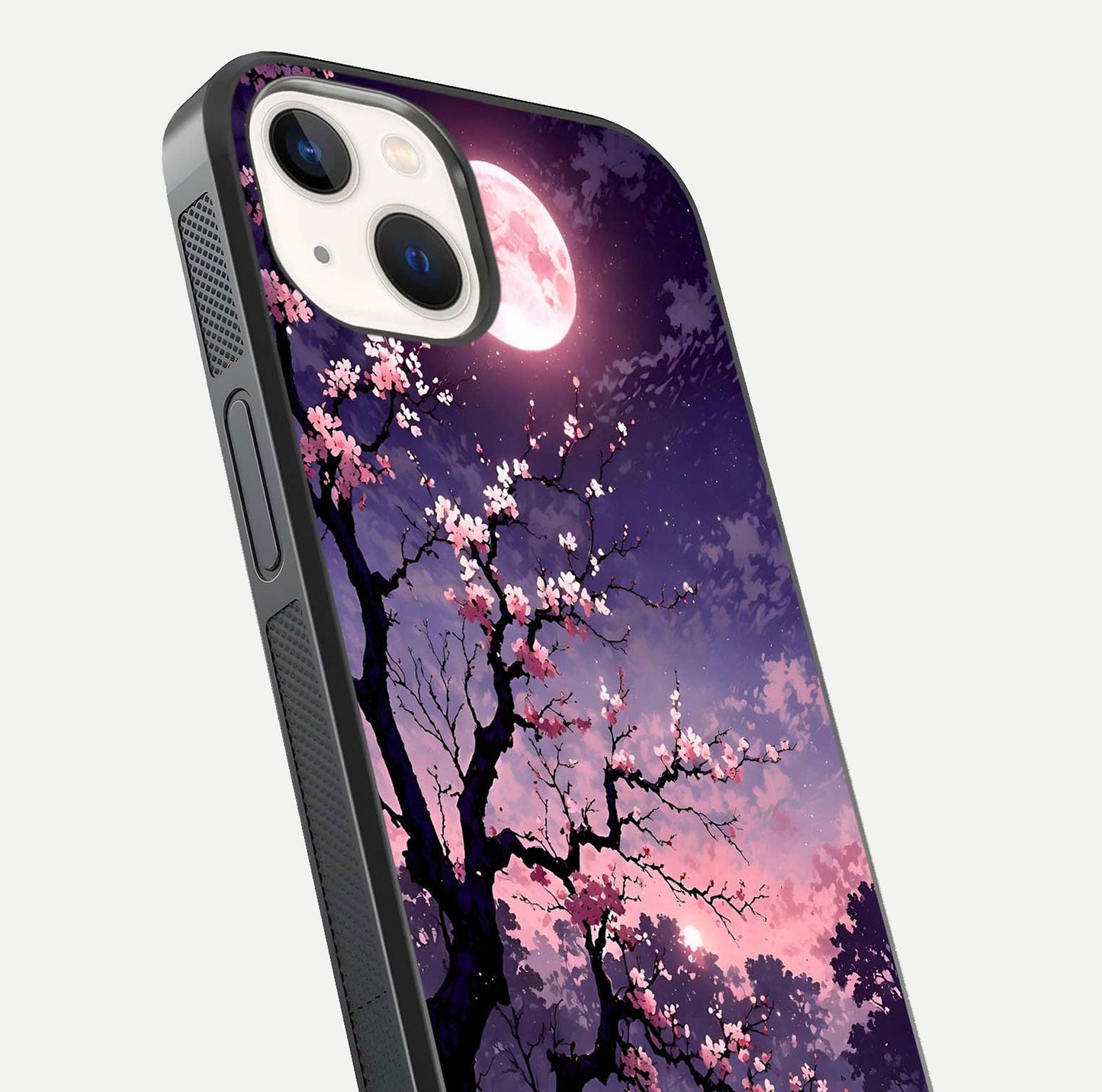 Blossom Pink Moon Glass Case for iPhone 16 Pro close-up shot showing pink tones, moon highlight, and reflection gloss