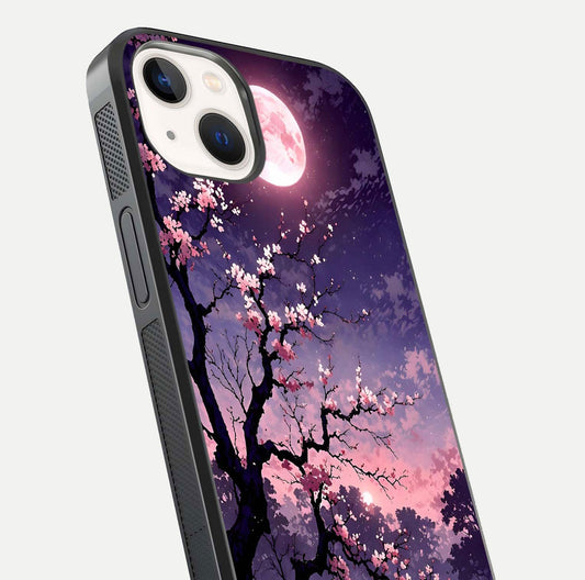 Blossom Pink Moon Glass Case for iPhone 14 close-up shot showing pink tones, moon highlight, and reflection gloss