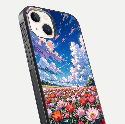 Blossom Sky Field Glass Case for iPhone 14 close-up image showing petal patterns and subtle sky gradient