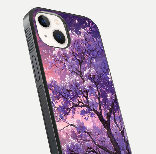 Blossom Tree Glass Case for iPhone 14 close-up image highlighting tree branches, blossoms, and shine