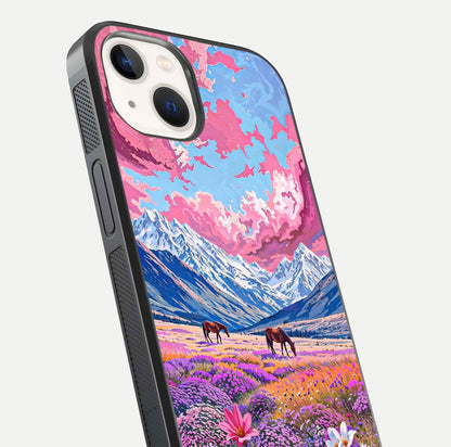 Blossom Valley Dream Glass Case for iPhone 14 close-up view showing detailed flower print and pastel hues