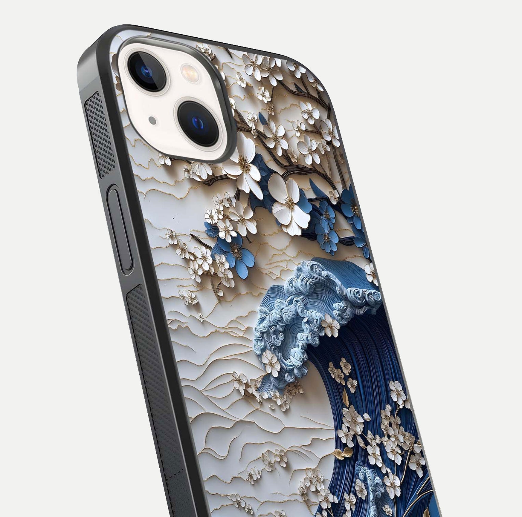 Blossom Wave Art Glass Case for iPhone 16 Pro close-up shot highlighting wave motion in floral art and reflection