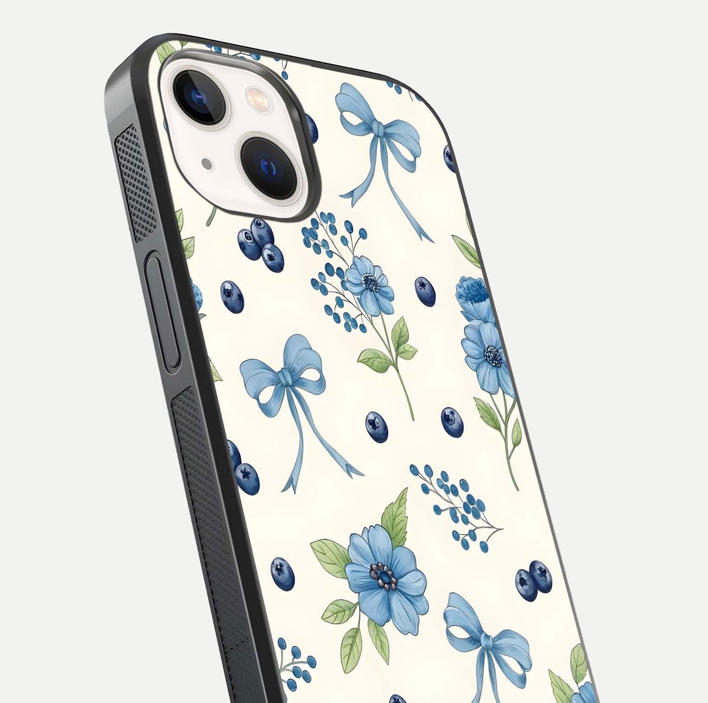 Blue Flower & Bow Glass Case for iPhone 14 close-up shot highlighting ribbon detail and flower gloss finish