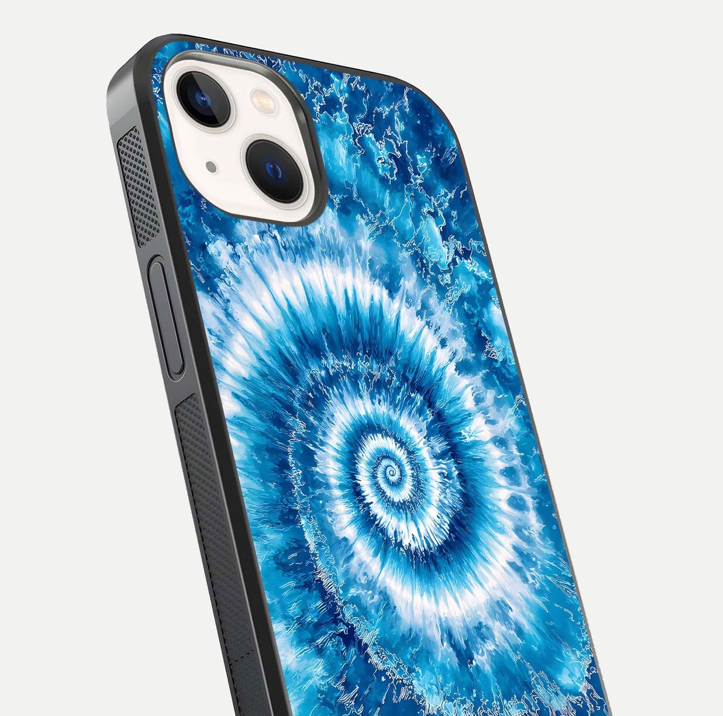 Blue Galaxy Wave Glass Case for iPhone 14 close-up highlighting fluid wave motion and deep-blue reflection