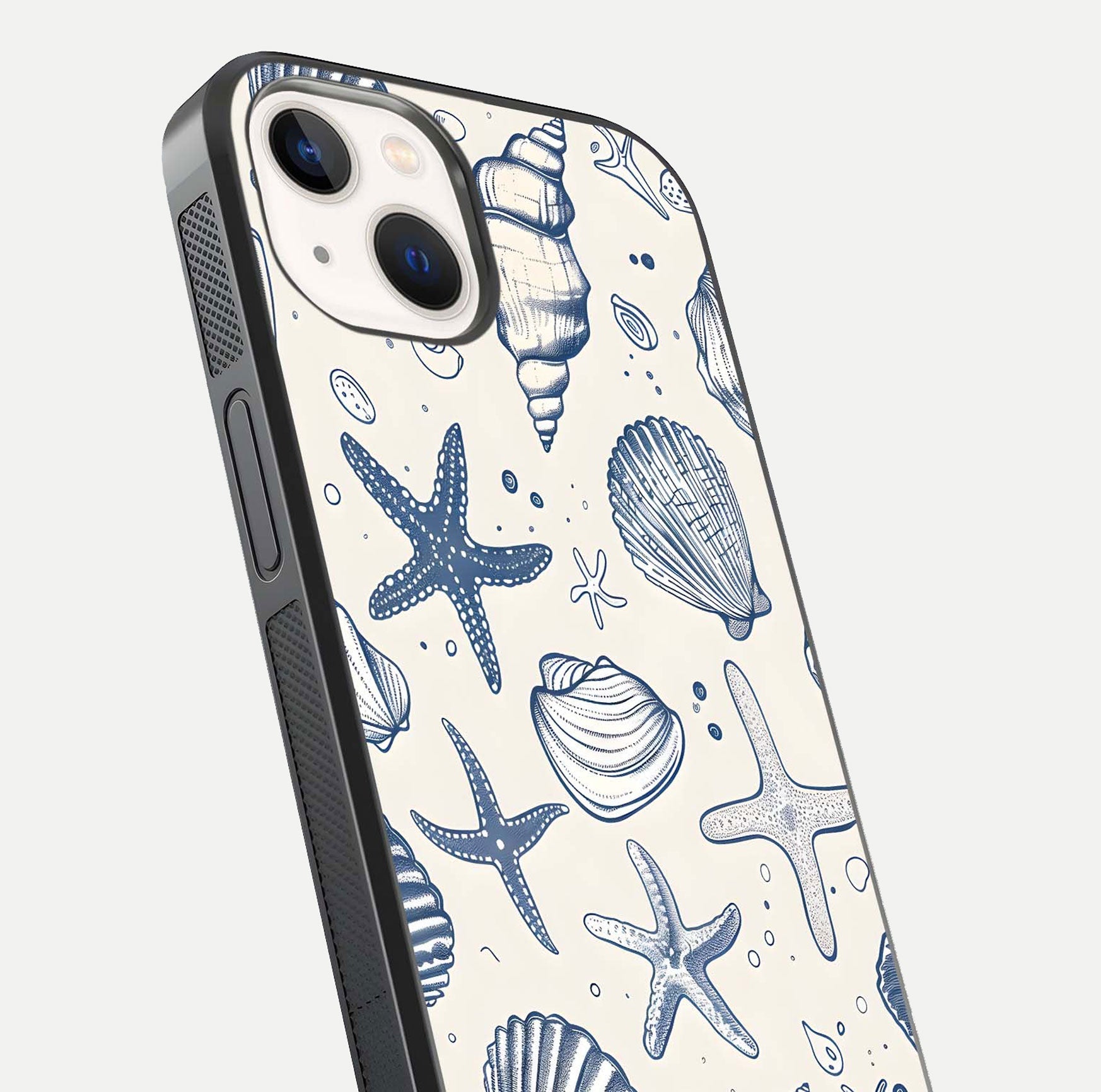 Blue Ocean Outline Glass Case for iPhone 14 close-up shot highlighting line art details and reflection texture