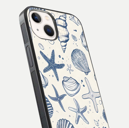 Blue Ocean Outline Glass Case for iPhone 14 close-up shot highlighting line art details and reflection texture