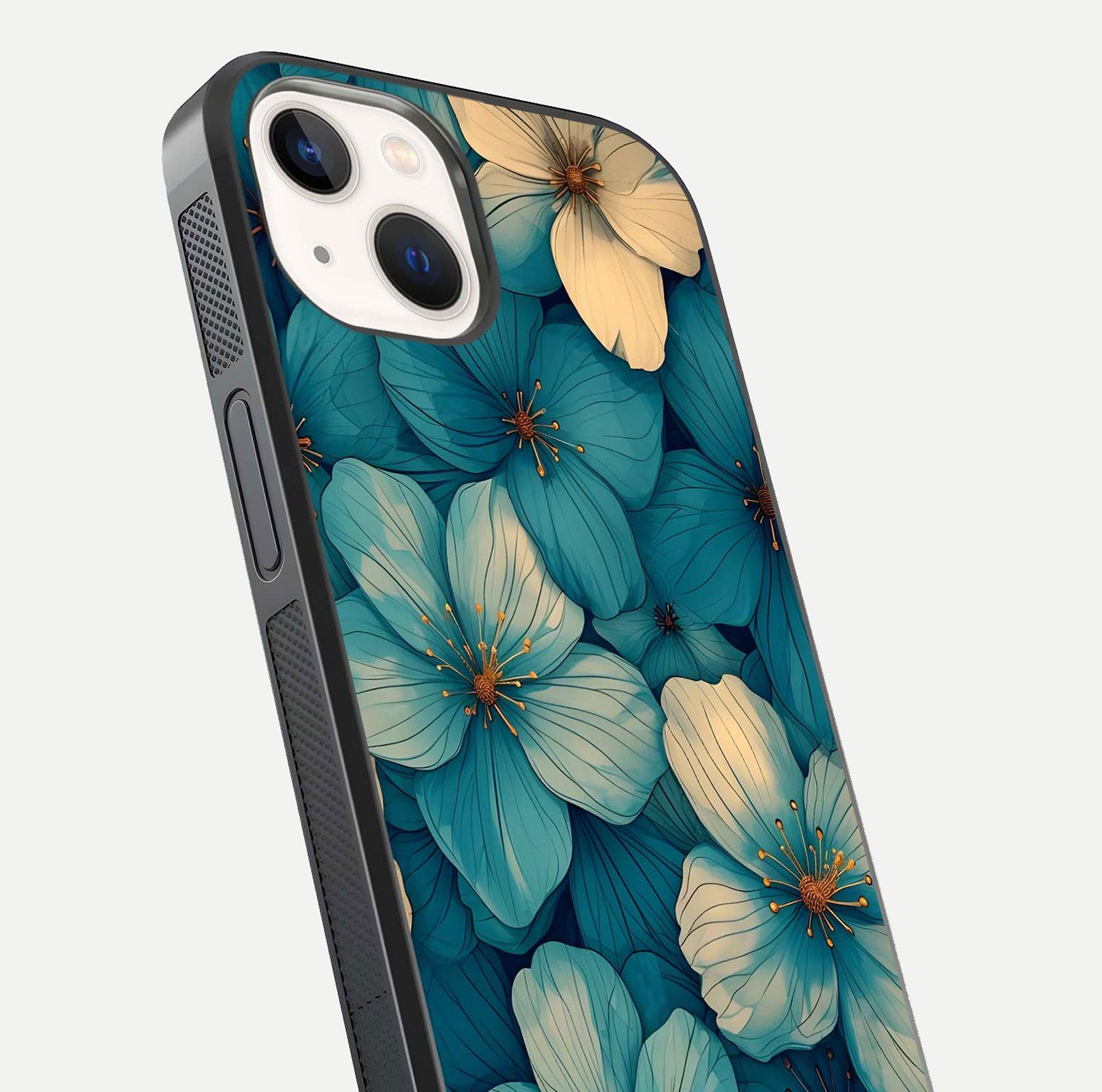 Blue Shade Floral Glass Case for iPhone 14 close-up angle showing flower print precision and reflection