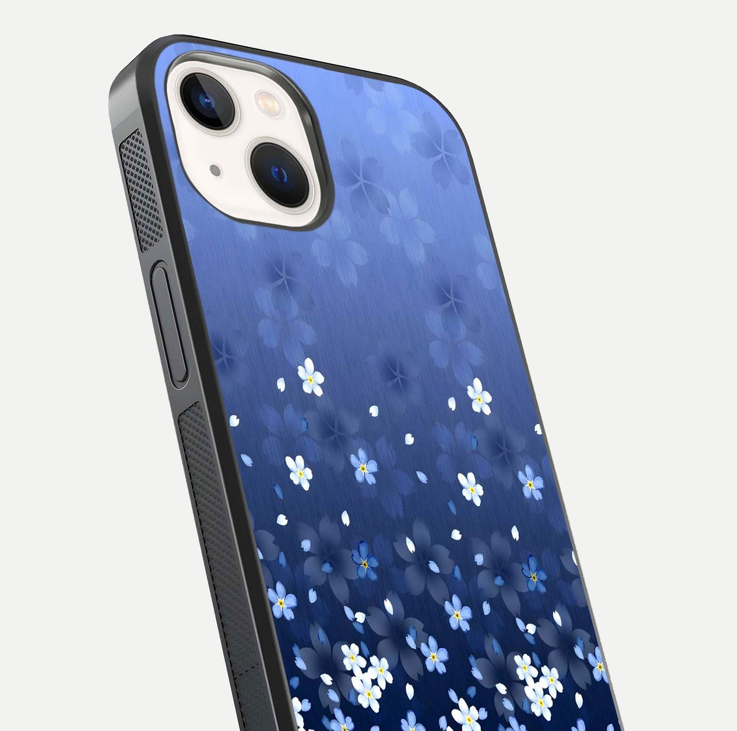 Blue Starry Glass Case for iPhone 14 close-up image highlighting sparkle details and midnight blue gradient