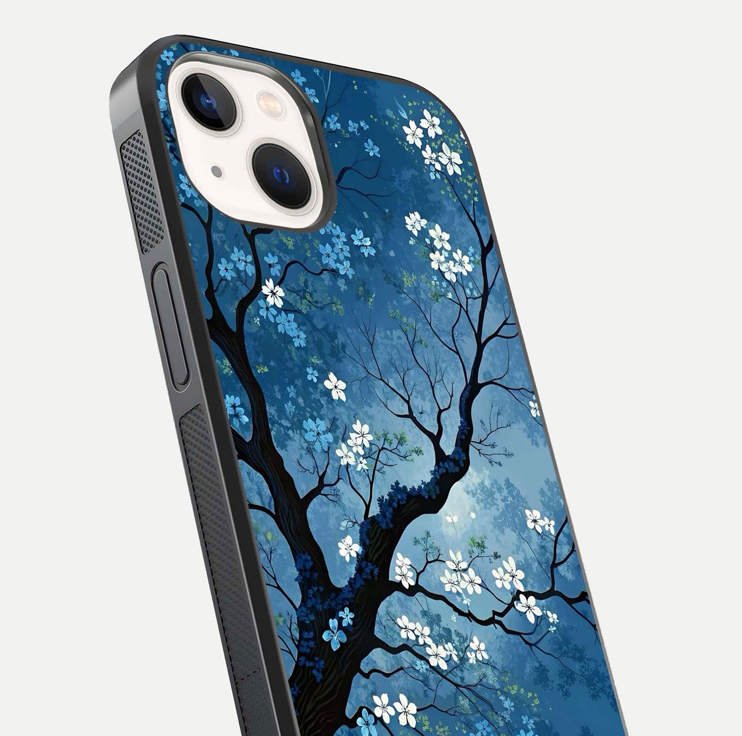 Blue Tree Serenity Glass Case for iPhone 14 close-up view highlighting tree branches and reflection gloss