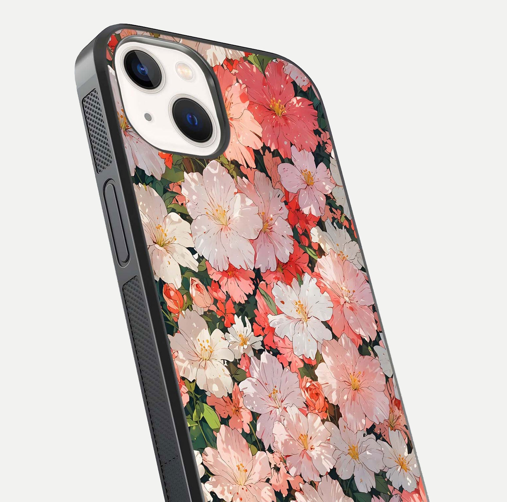 Blush Bloom Field Glass Case for iPhone 16 Pro close-up shot capturing pastel flower field tones and gloss shine